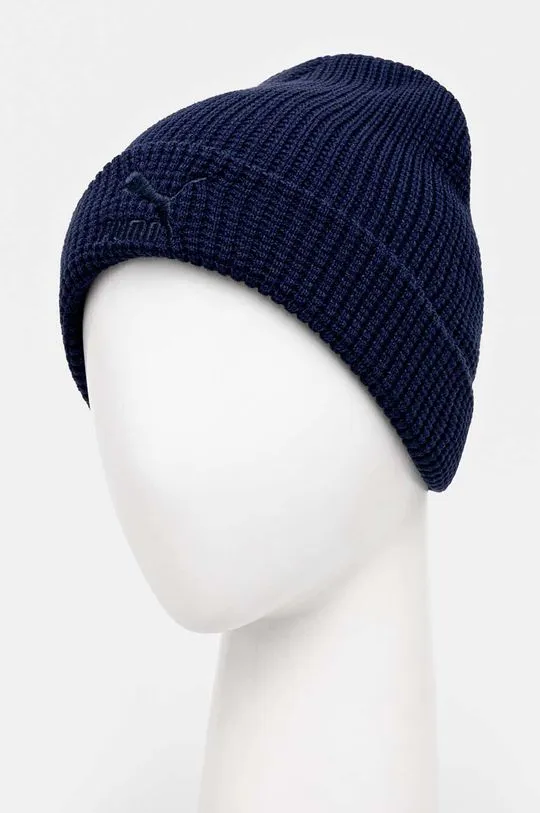 Puma beanie Classics Mid Fit Beanie navy blue color thick knit 025677