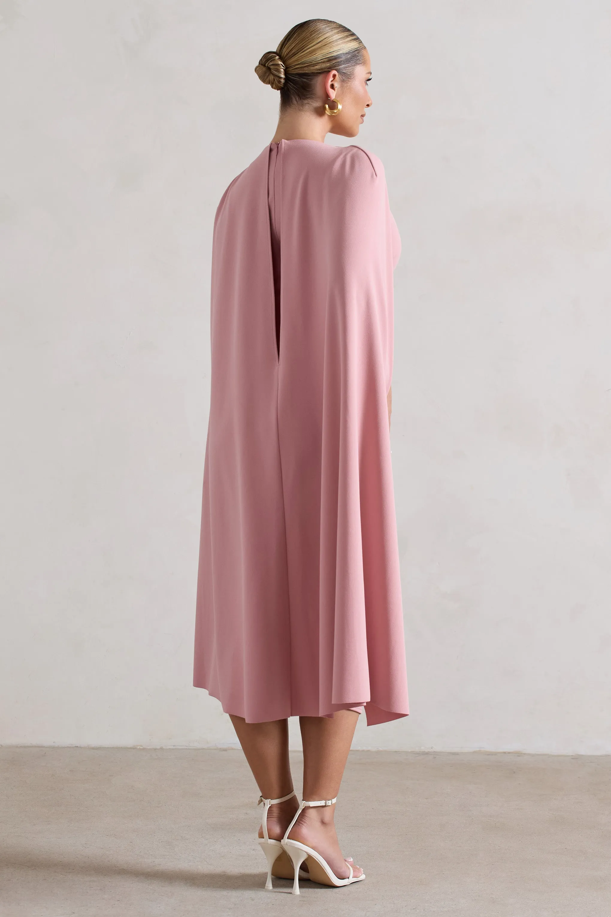 Rafaela | Blush Pink Bodycon Midi Dress With Cape Sleeves