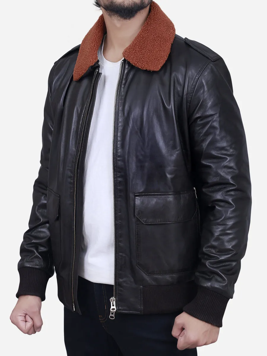 Regan Brown Shearling Collar Bomber Leather Jacket