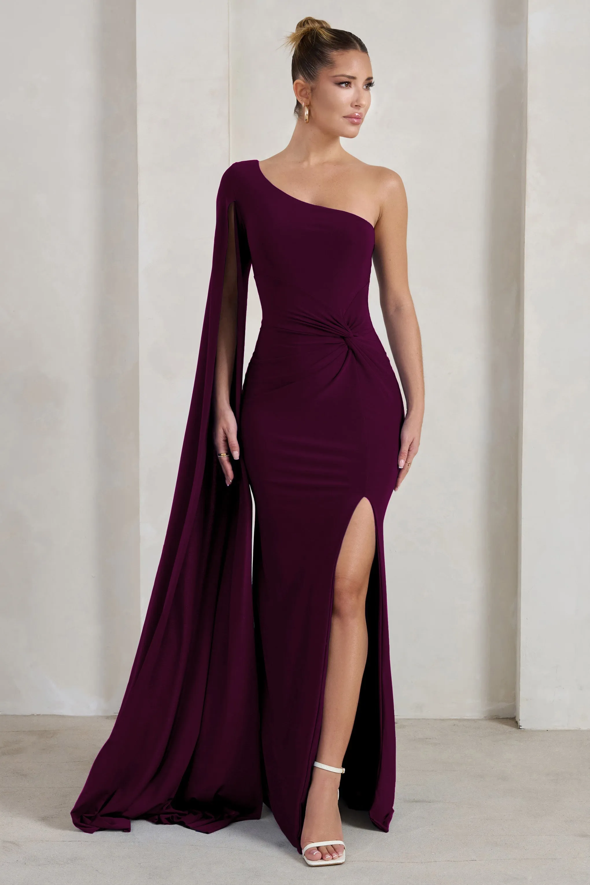 Romi | Plum One Shoulder Twist Design Maxi Dress