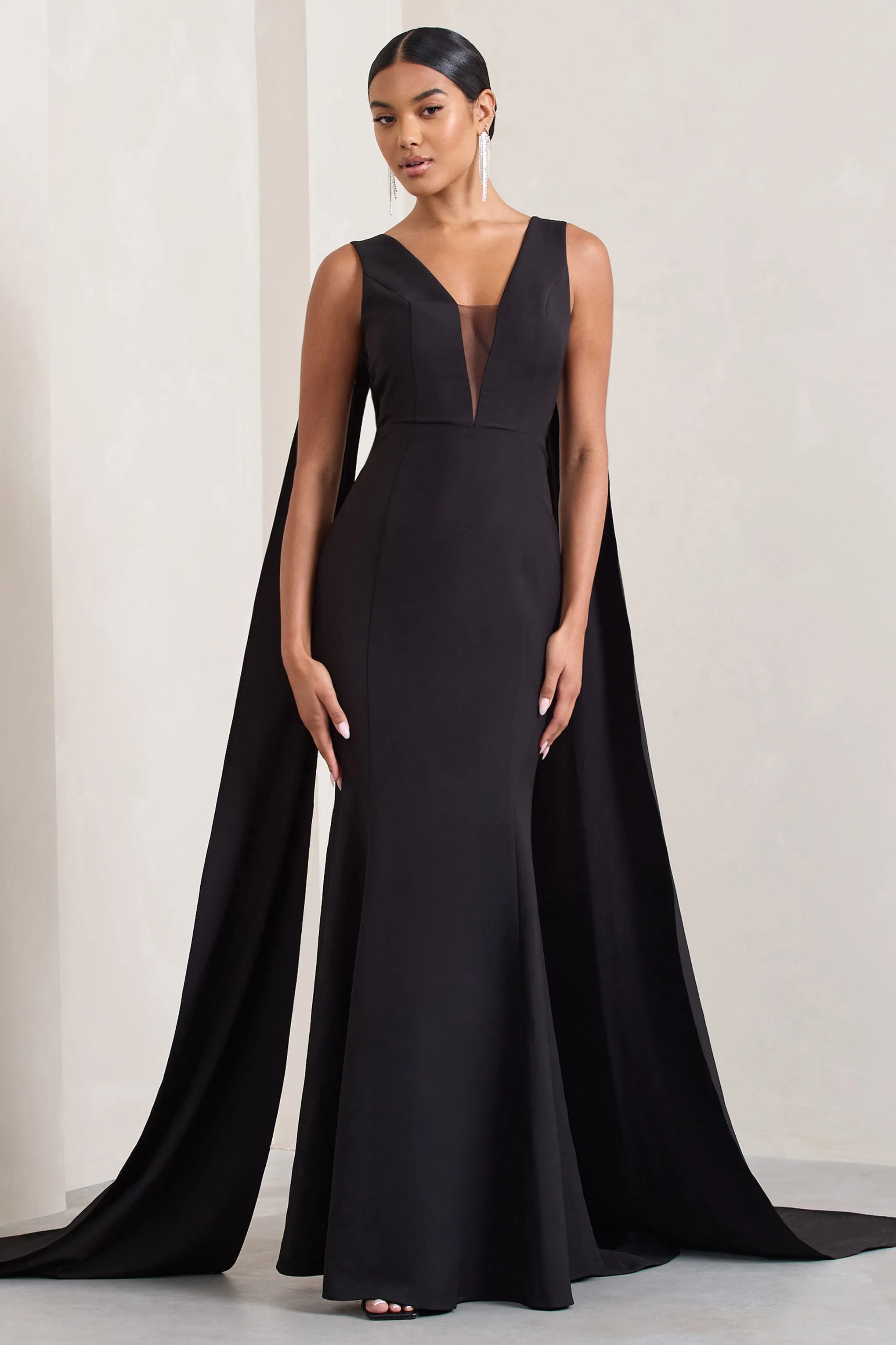 Rosaline | Black Plunging Fishtail Maxi Dress With Cape