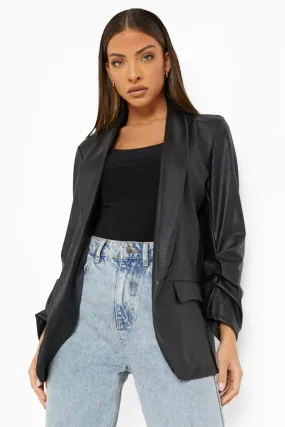 Ruched Sleeve Faux Leather Blazer