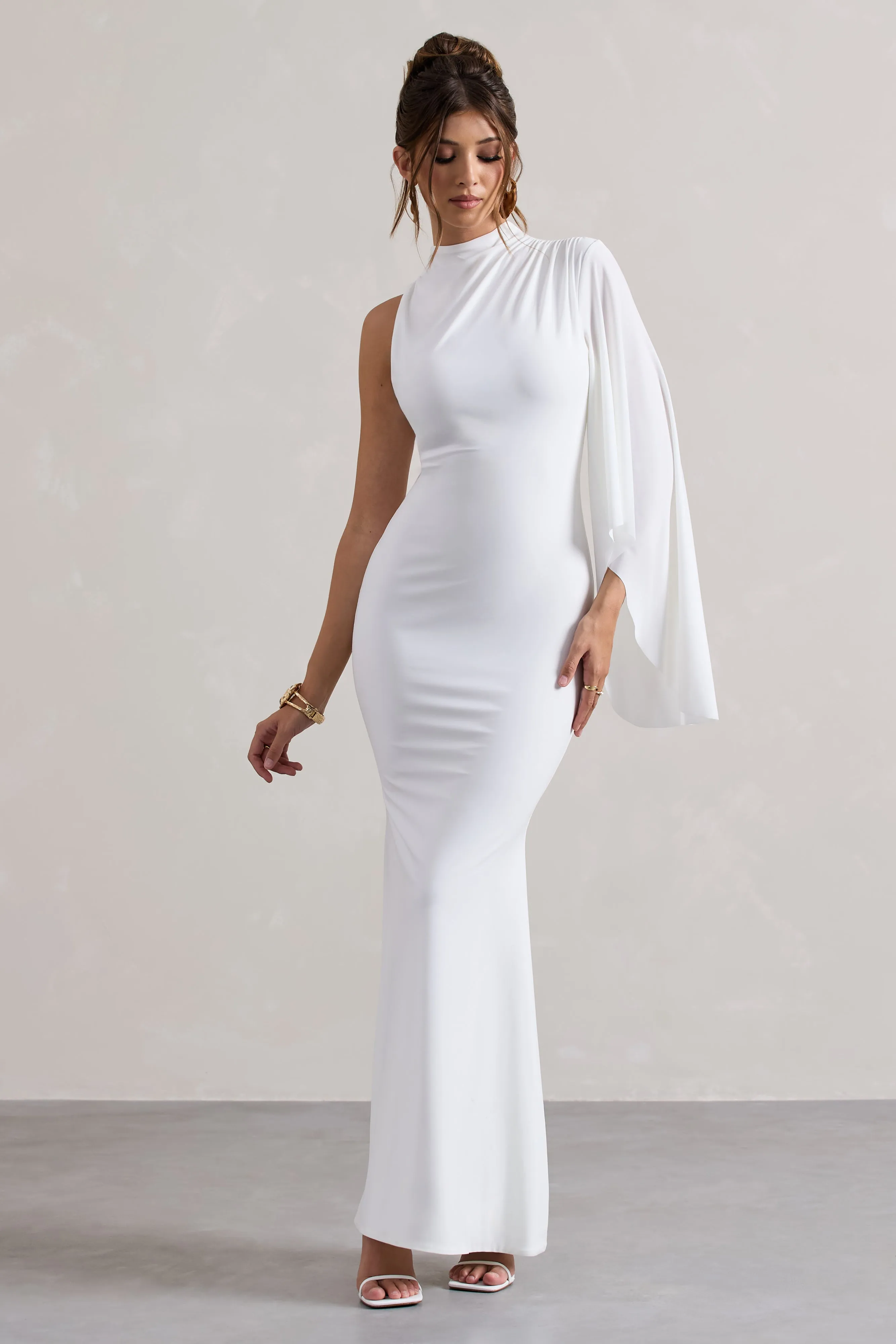 Samaya | White High-Neck Cape-Sleeve Maxi Dress