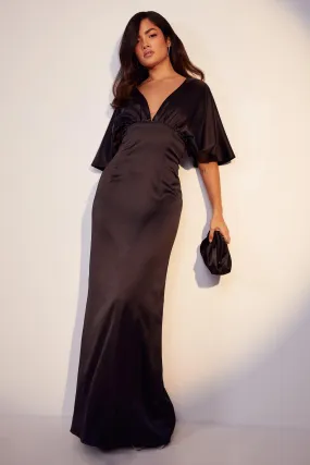 Satin Plunge Cape Sleeve Maxi Dress