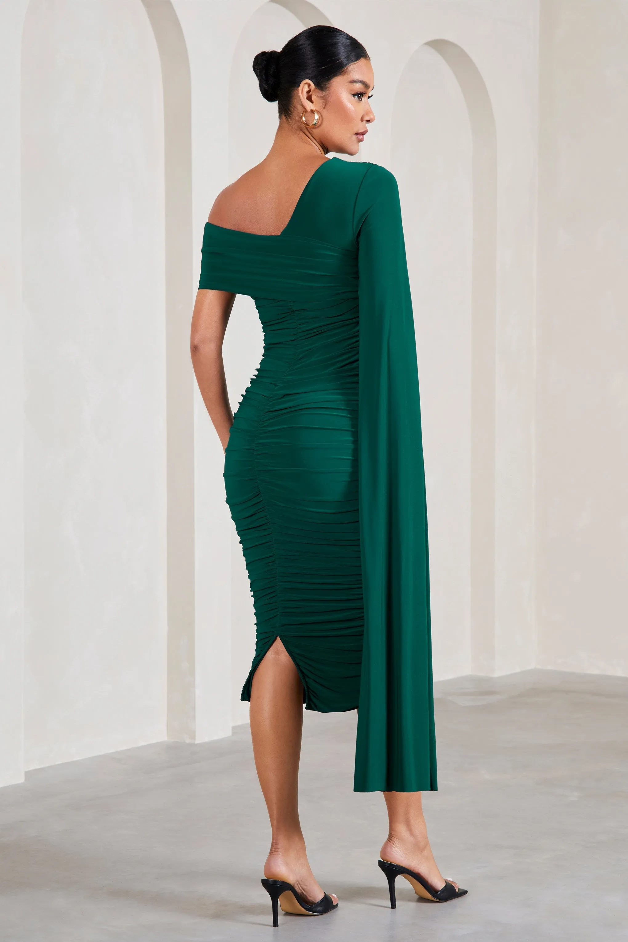 Serenity | Bottle Green Ruched Asymmetric Maternity Midi Dress With Cape