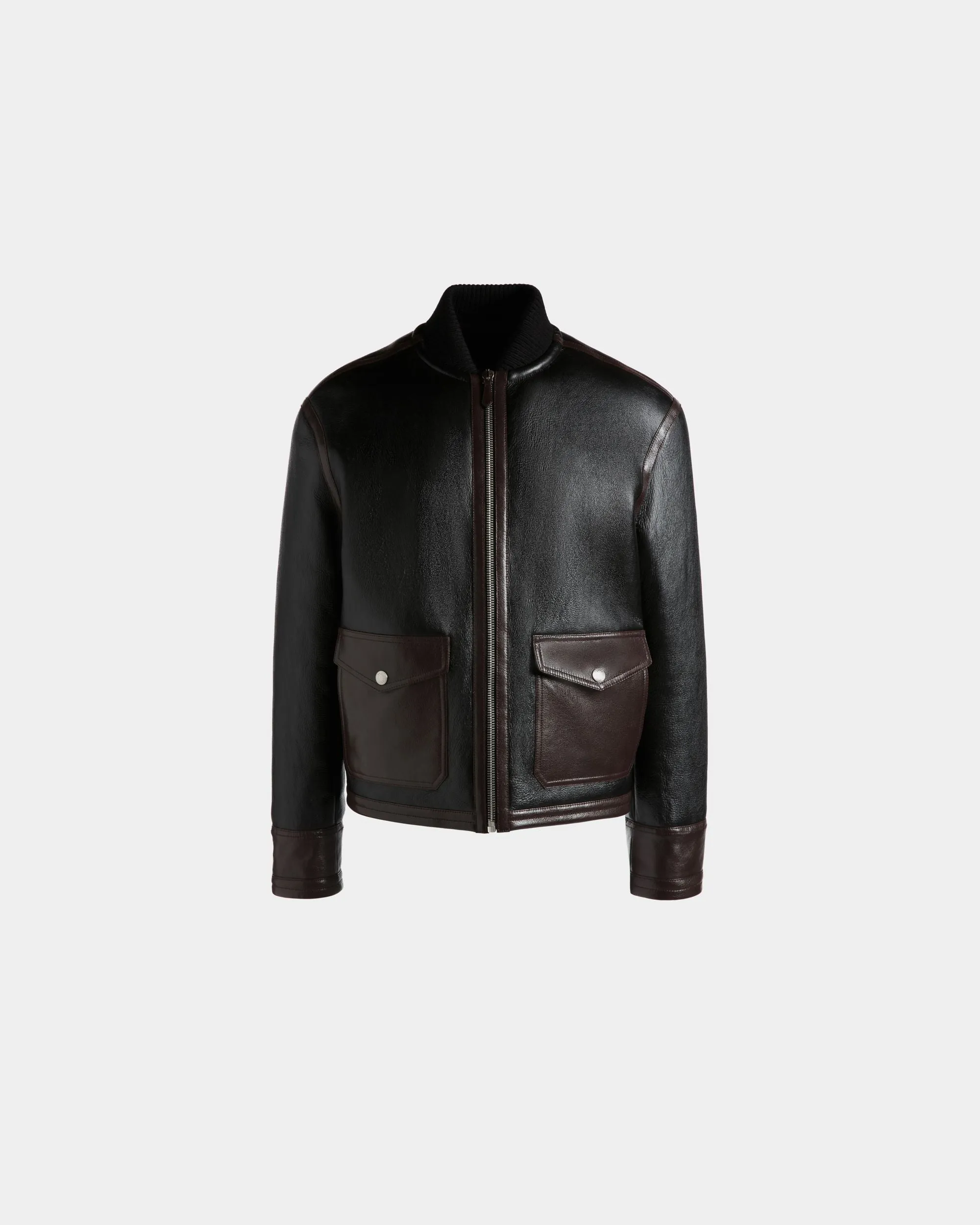 Shearling Lined Bomber in Black Leather 