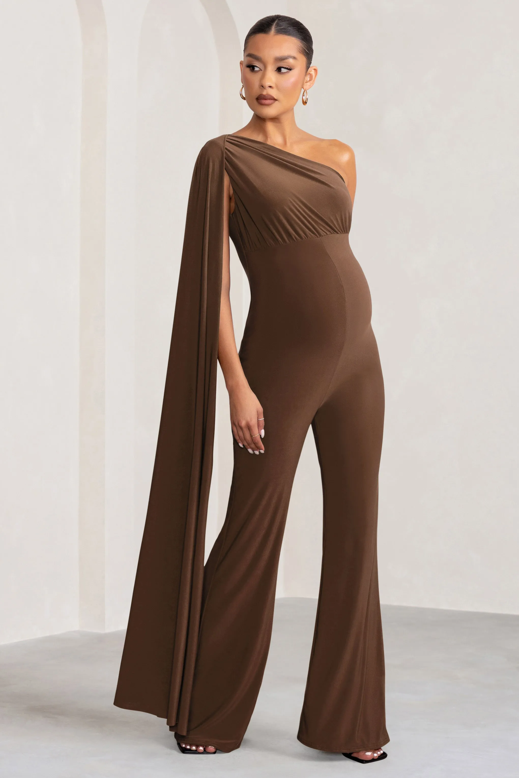 Sing To Sleep | Chocolate Maternity One Shoulder Cape Jumpsuit