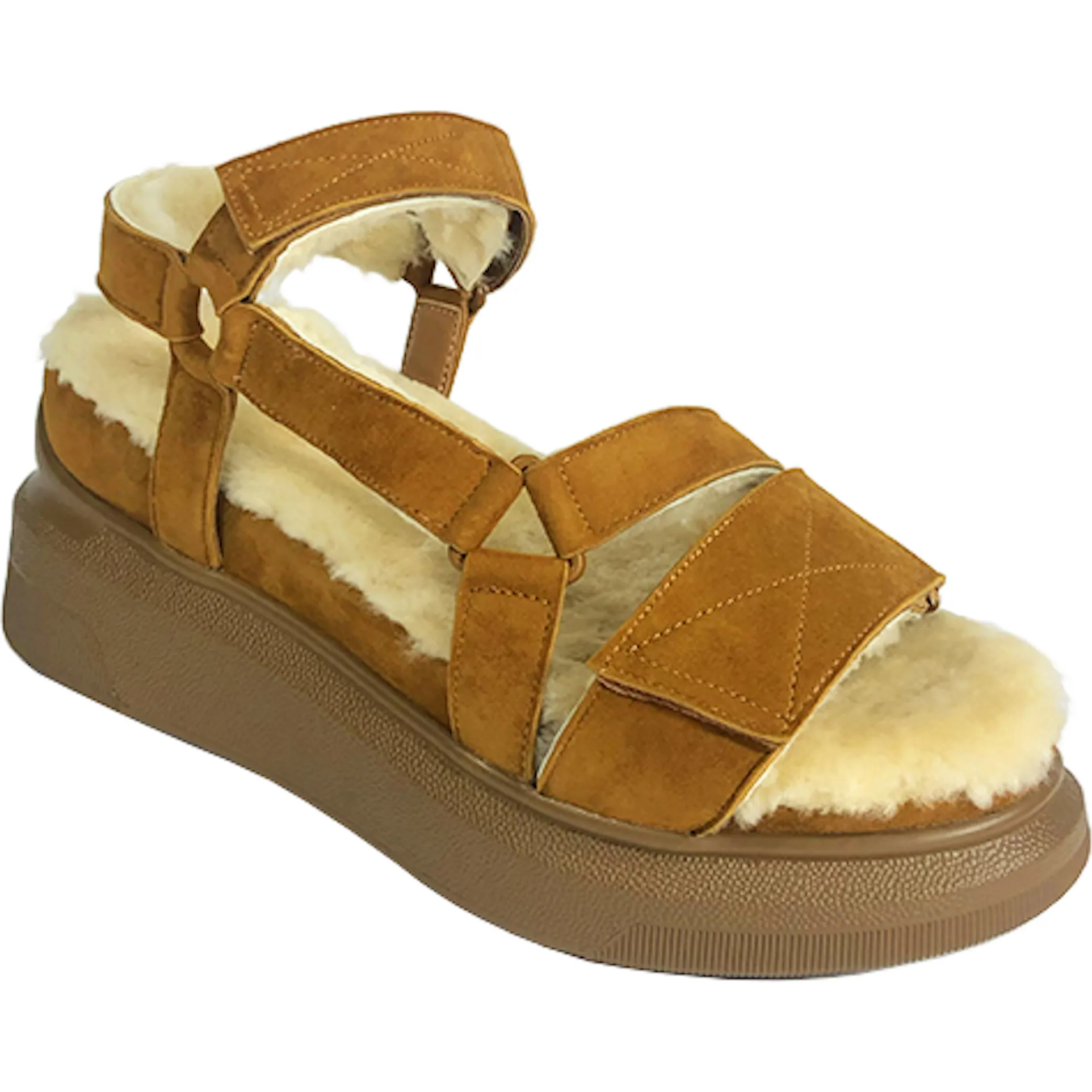 Suzanne Rae Women's Shearling Velcro Sandal, Russet