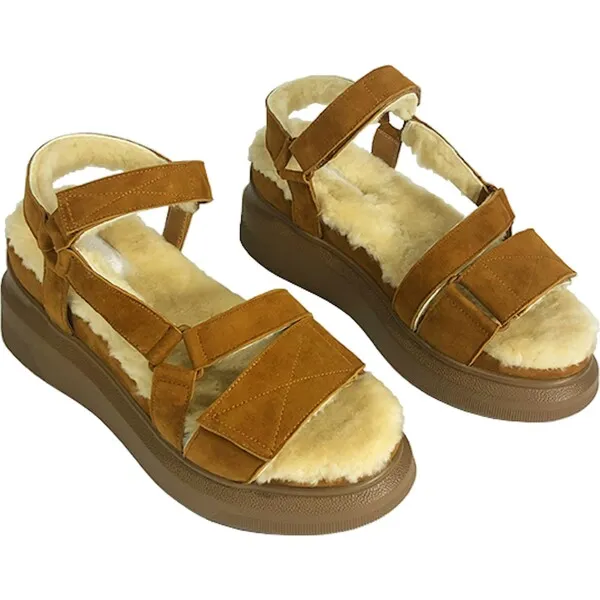 Suzanne Rae Women's Shearling Velcro Sandal, Russet