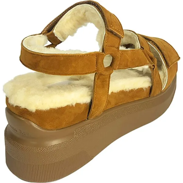 Suzanne Rae Women's Shearling Velcro Sandal, Russet