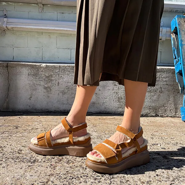 Suzanne Rae Women's Shearling Velcro Sandal, Russet