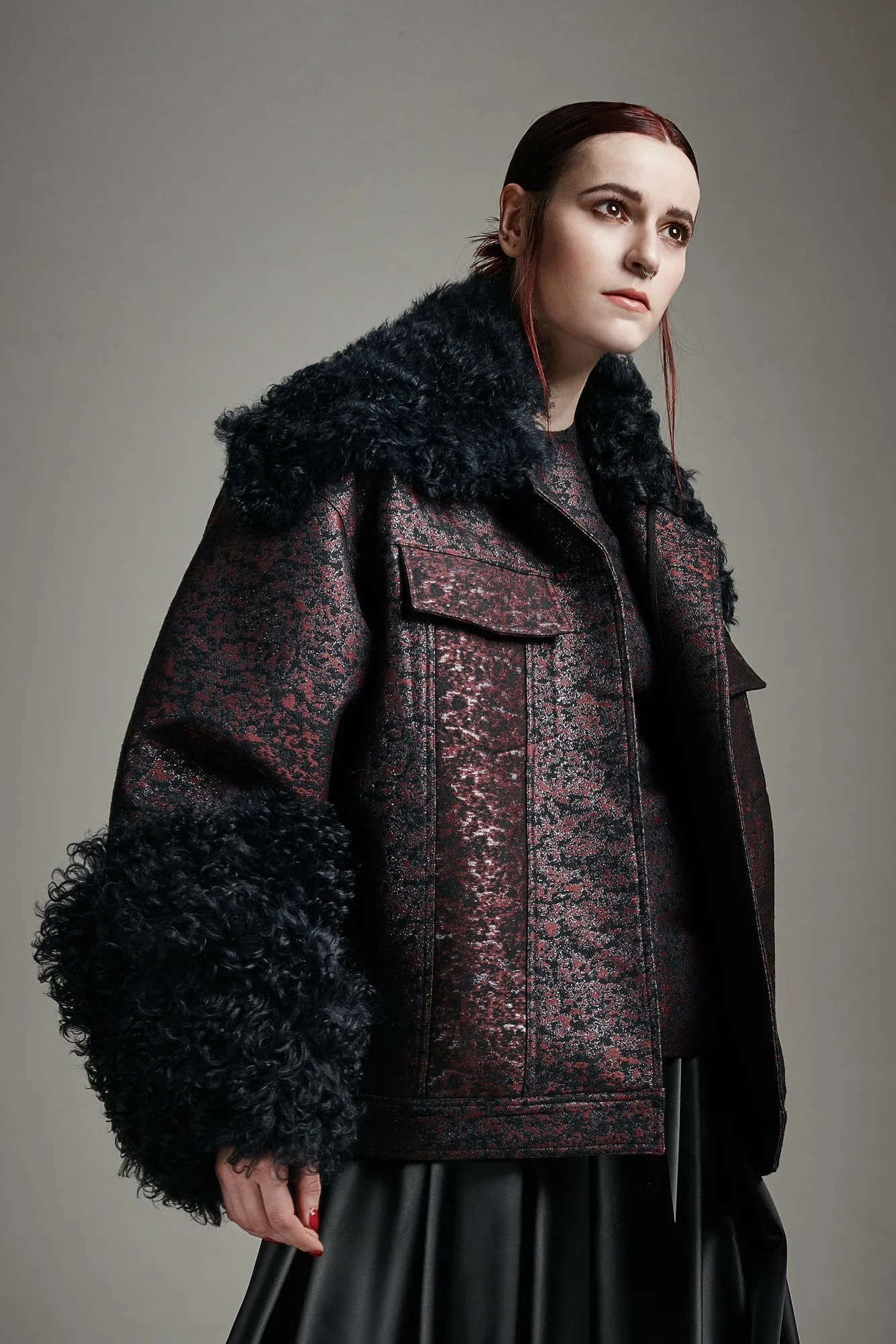 Tonal Brocade Mave Jacket with shearling accents