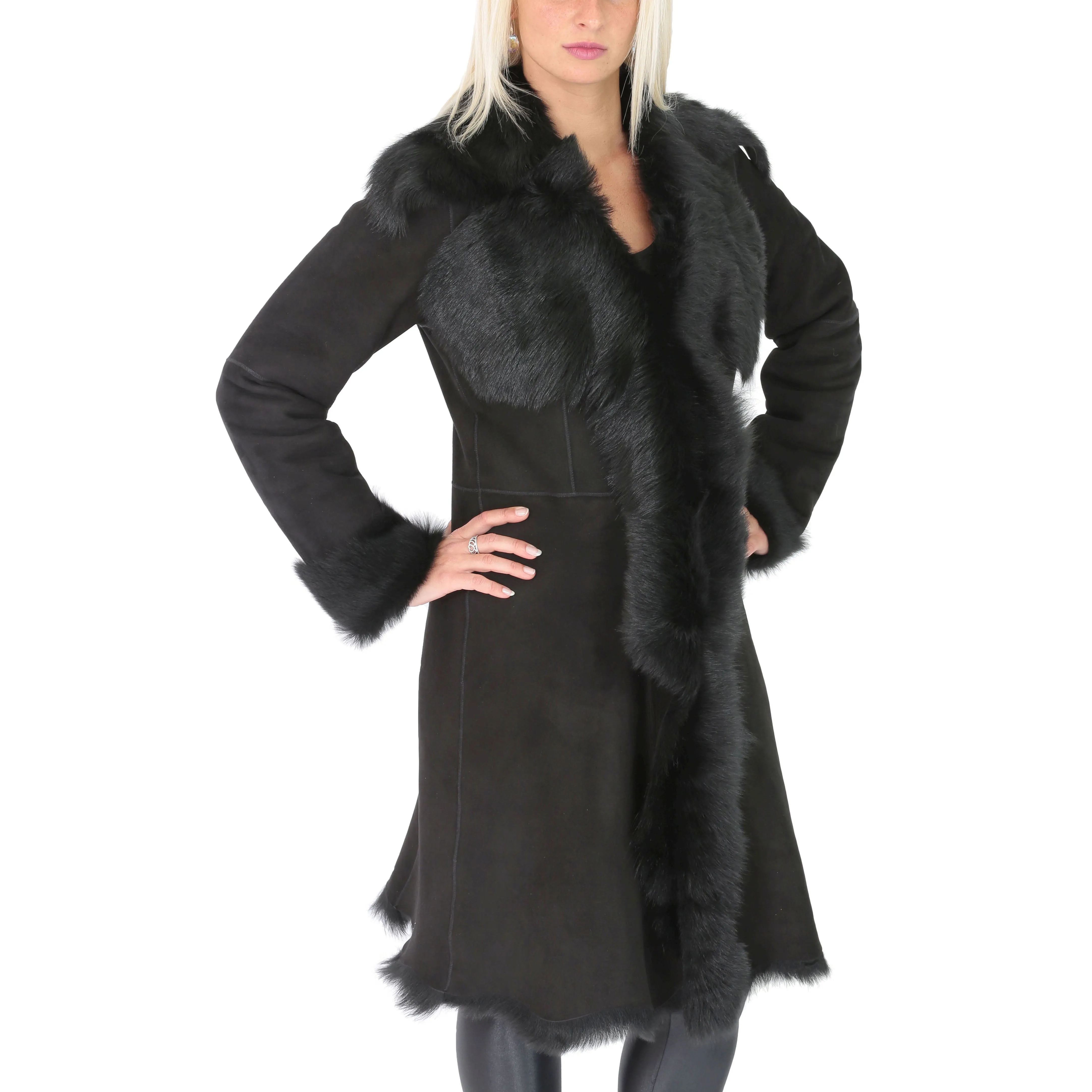 Womens 3/4 Length Toscana Shearling Luxury Coat Black