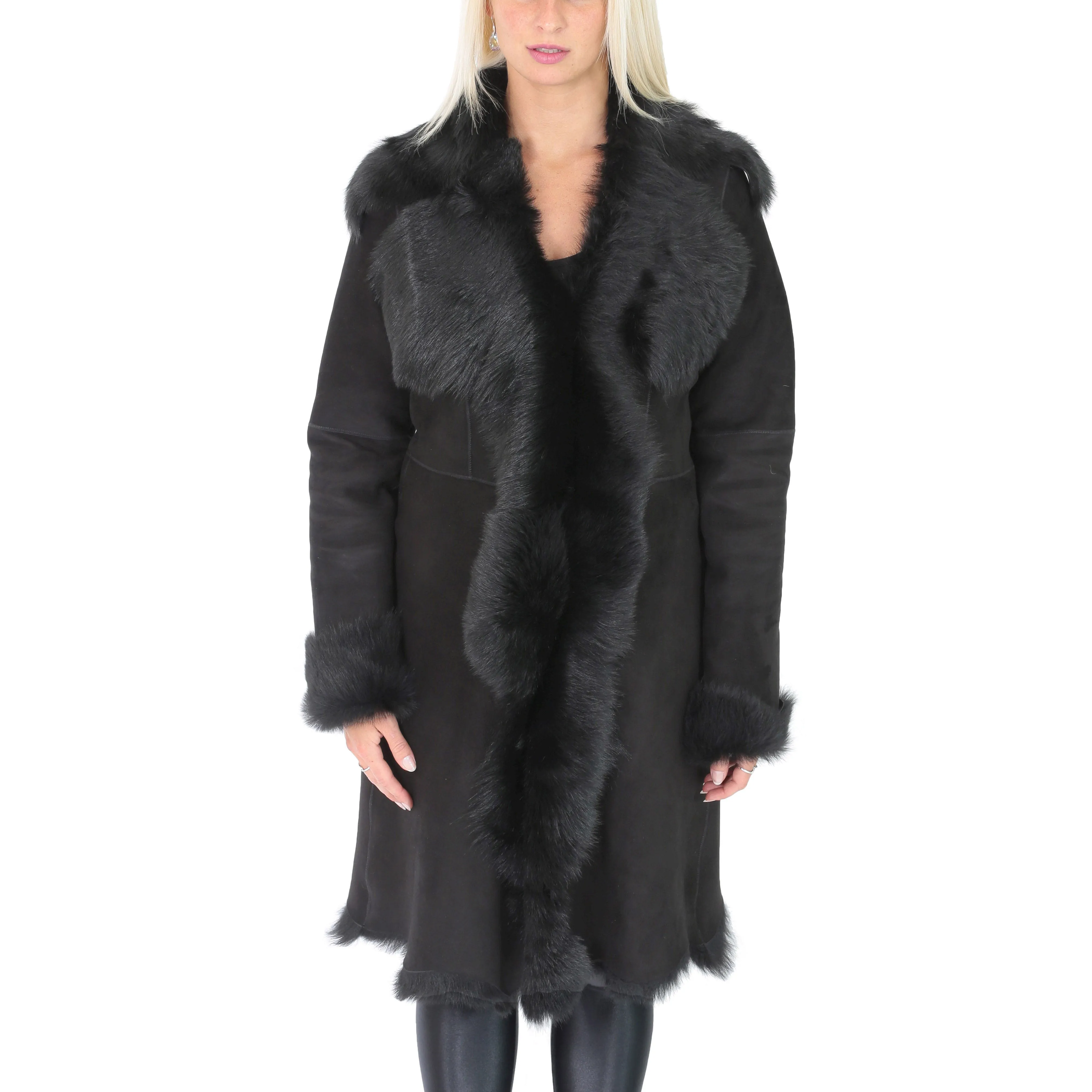 Womens 3/4 Length Toscana Shearling Luxury Coat Black