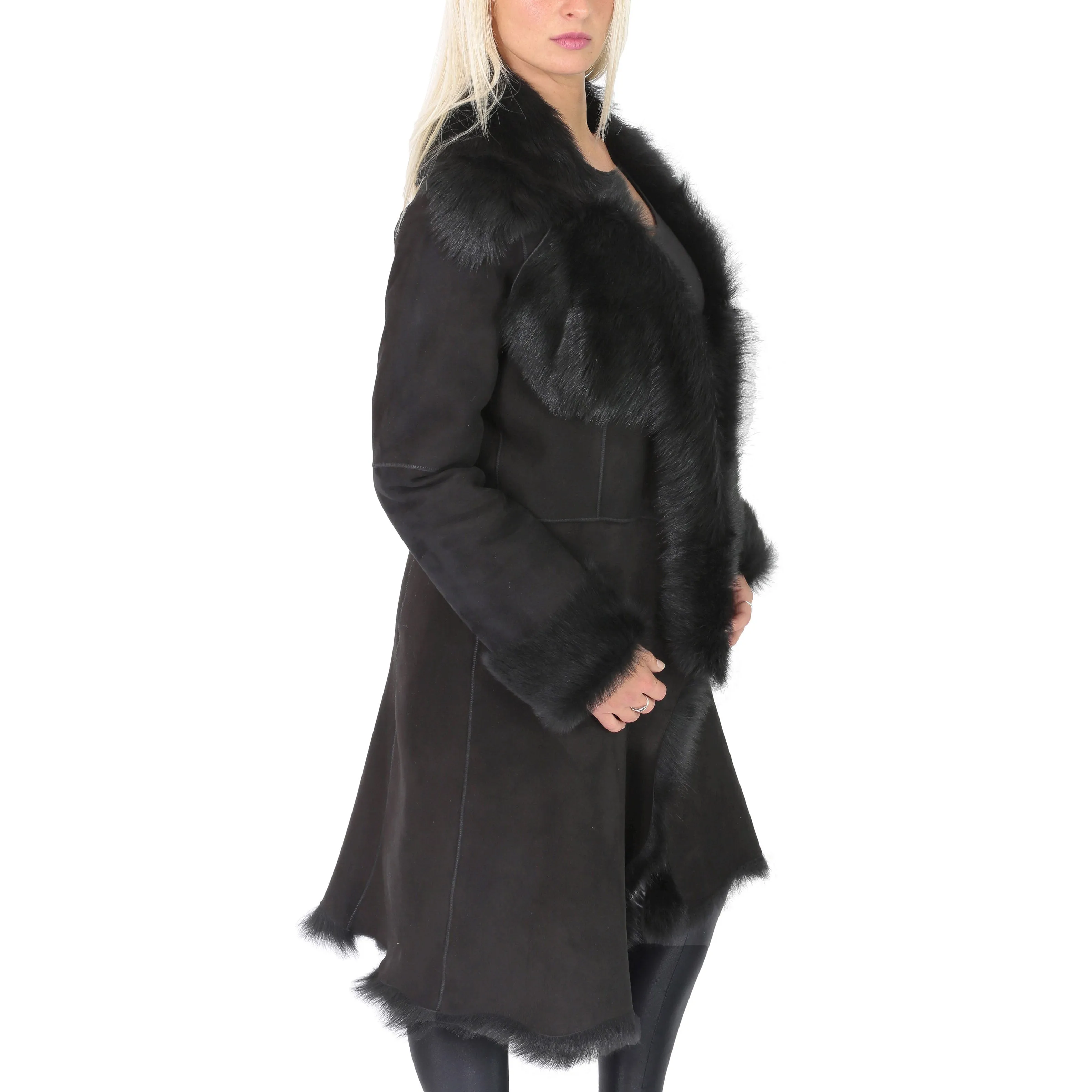 Womens 3/4 Length Toscana Shearling Luxury Coat Black