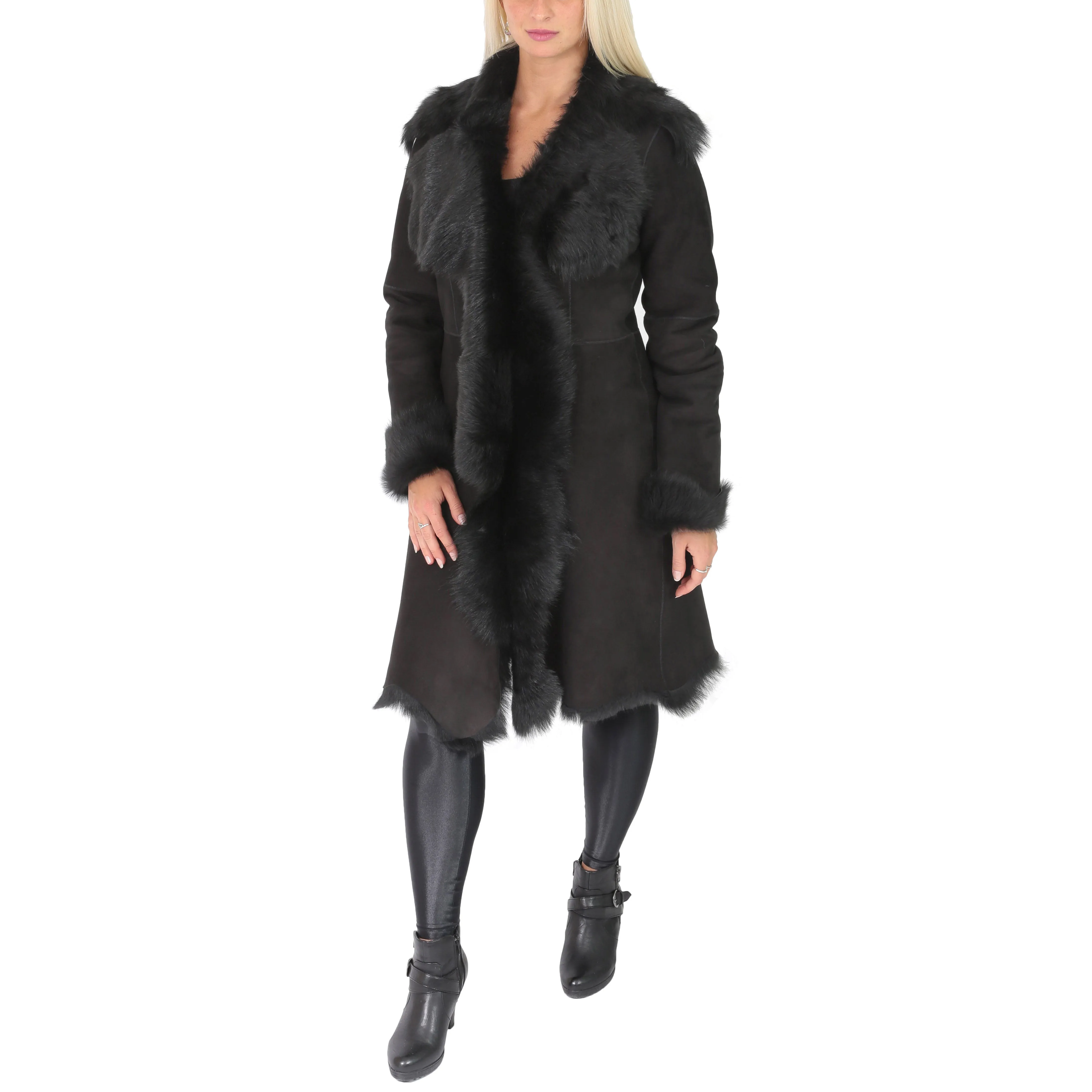 Womens 3/4 Length Toscana Shearling Luxury Coat Black