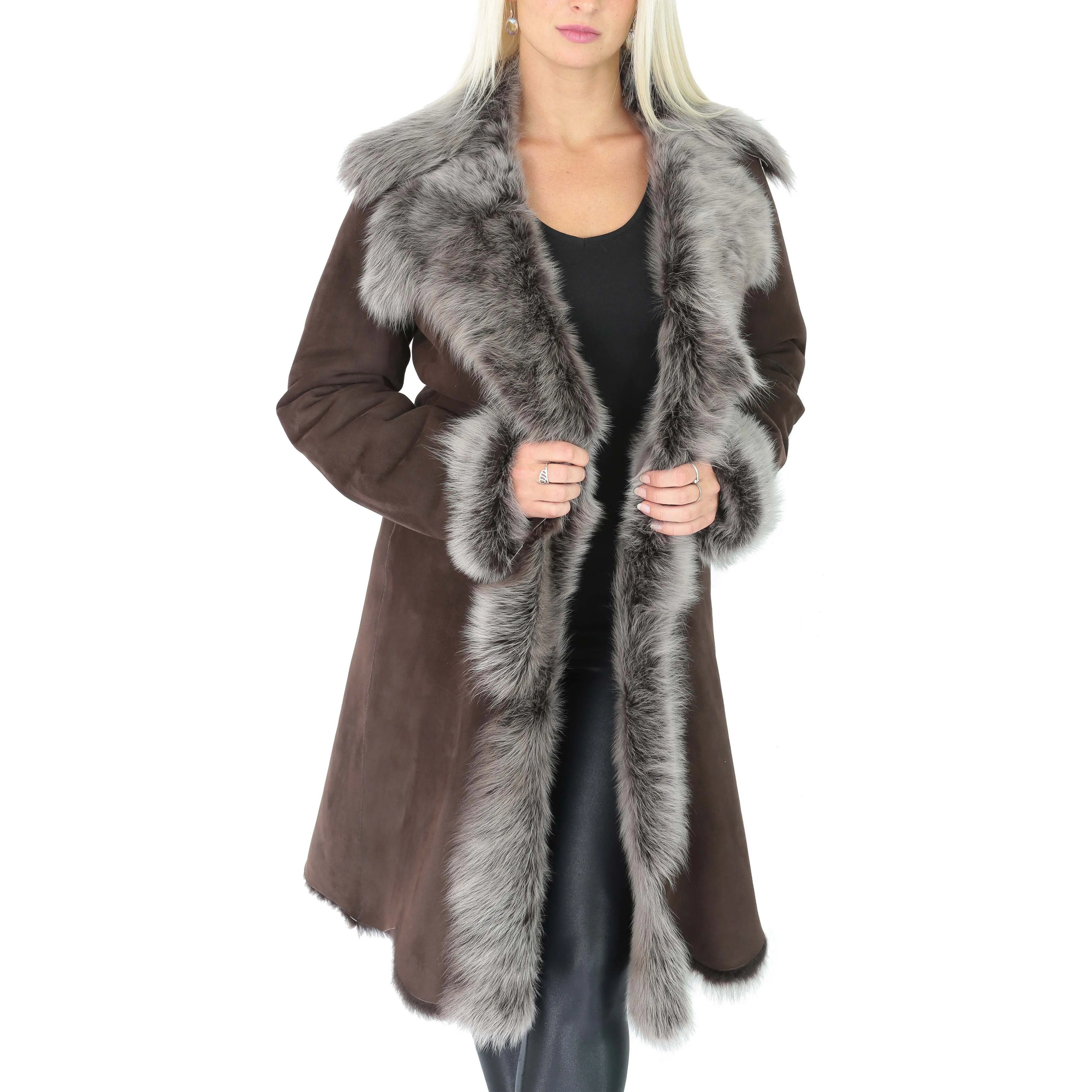 Womens 3/4 Length Toscana Shearling Luxury Coat Brown Brissa