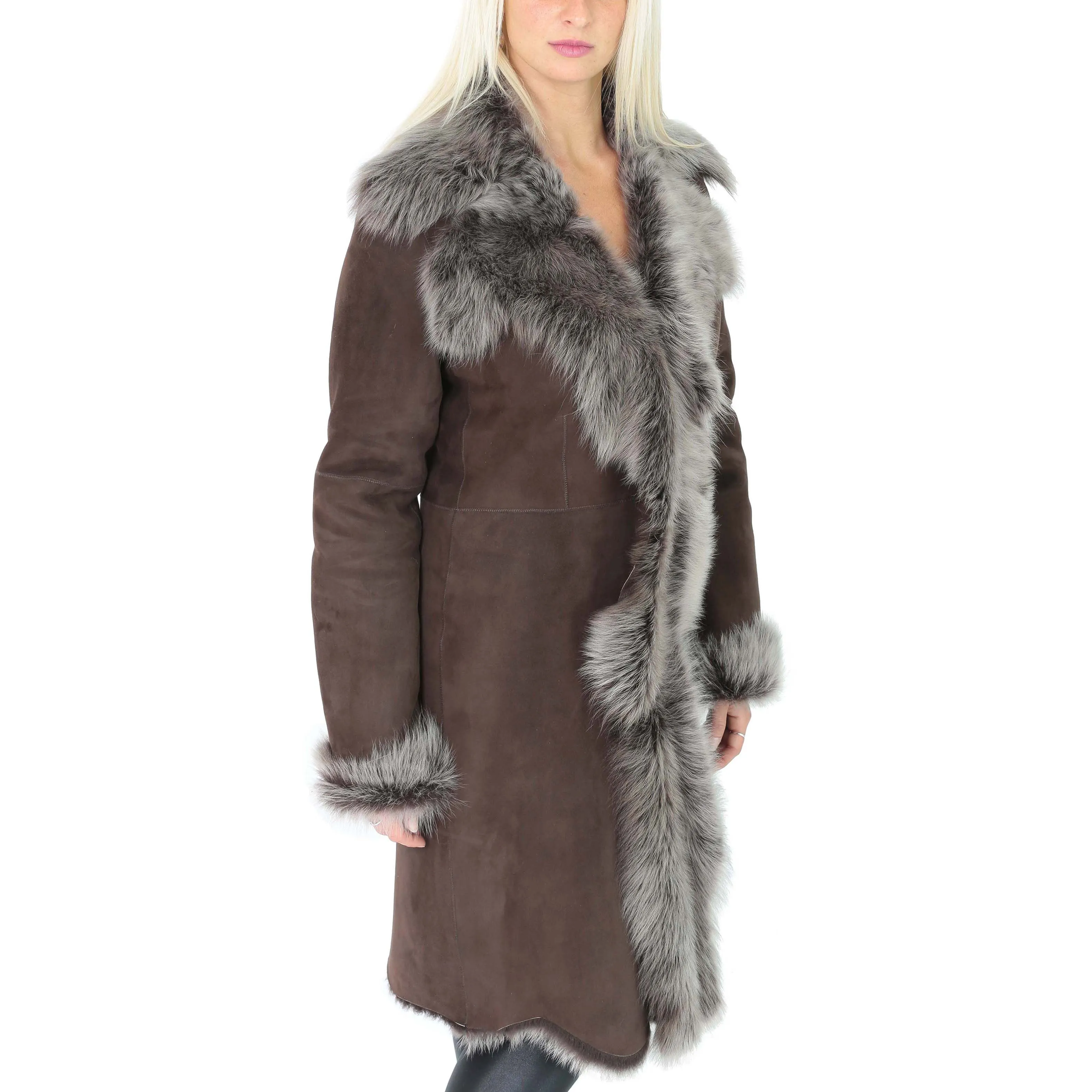 Womens 3/4 Length Toscana Shearling Luxury Coat Brown Brissa