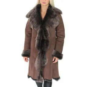 Womens 3/4 Length Toscana Shearling Luxury Coat Brown Gold