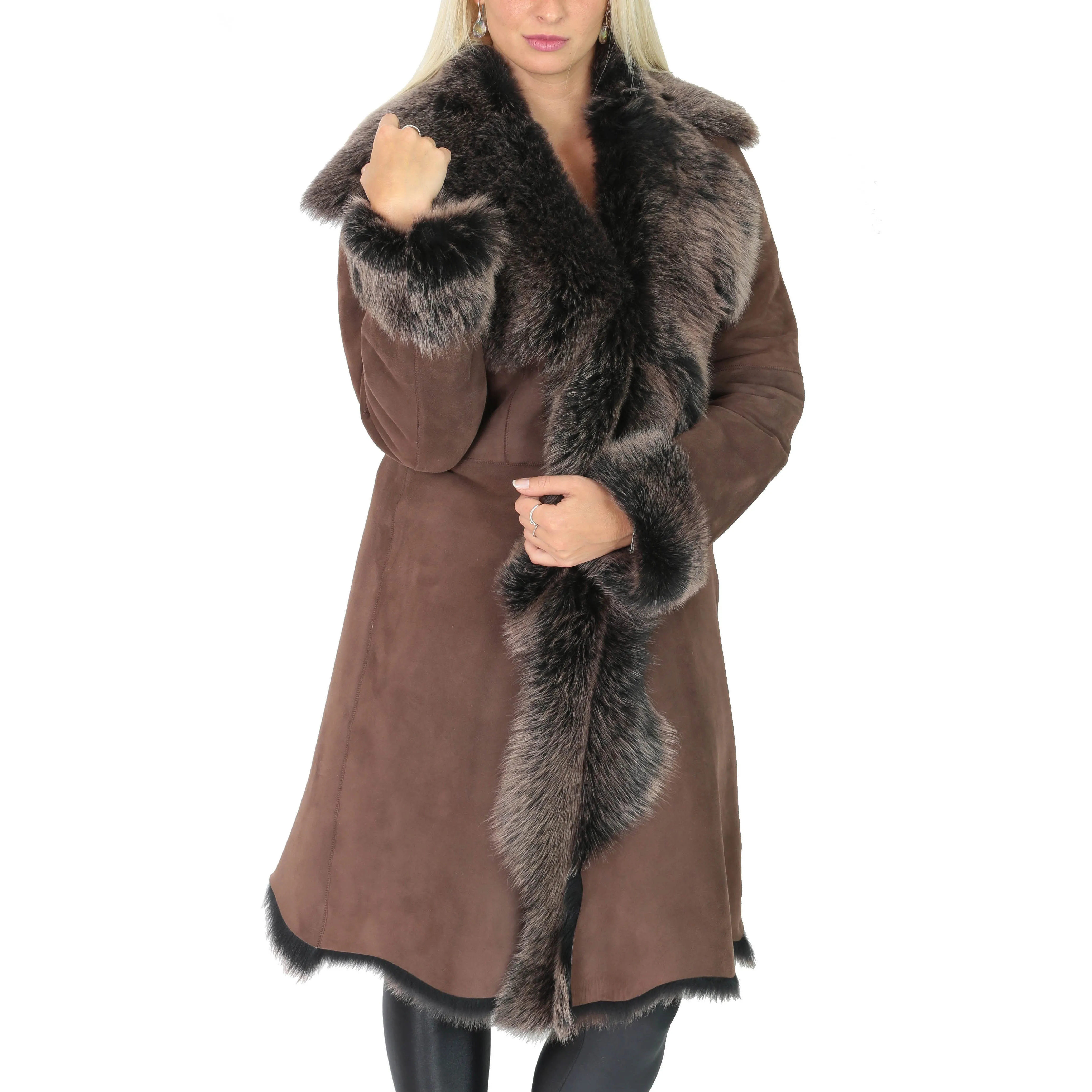 Womens 3/4 Length Toscana Shearling Luxury Coat Brown Gold