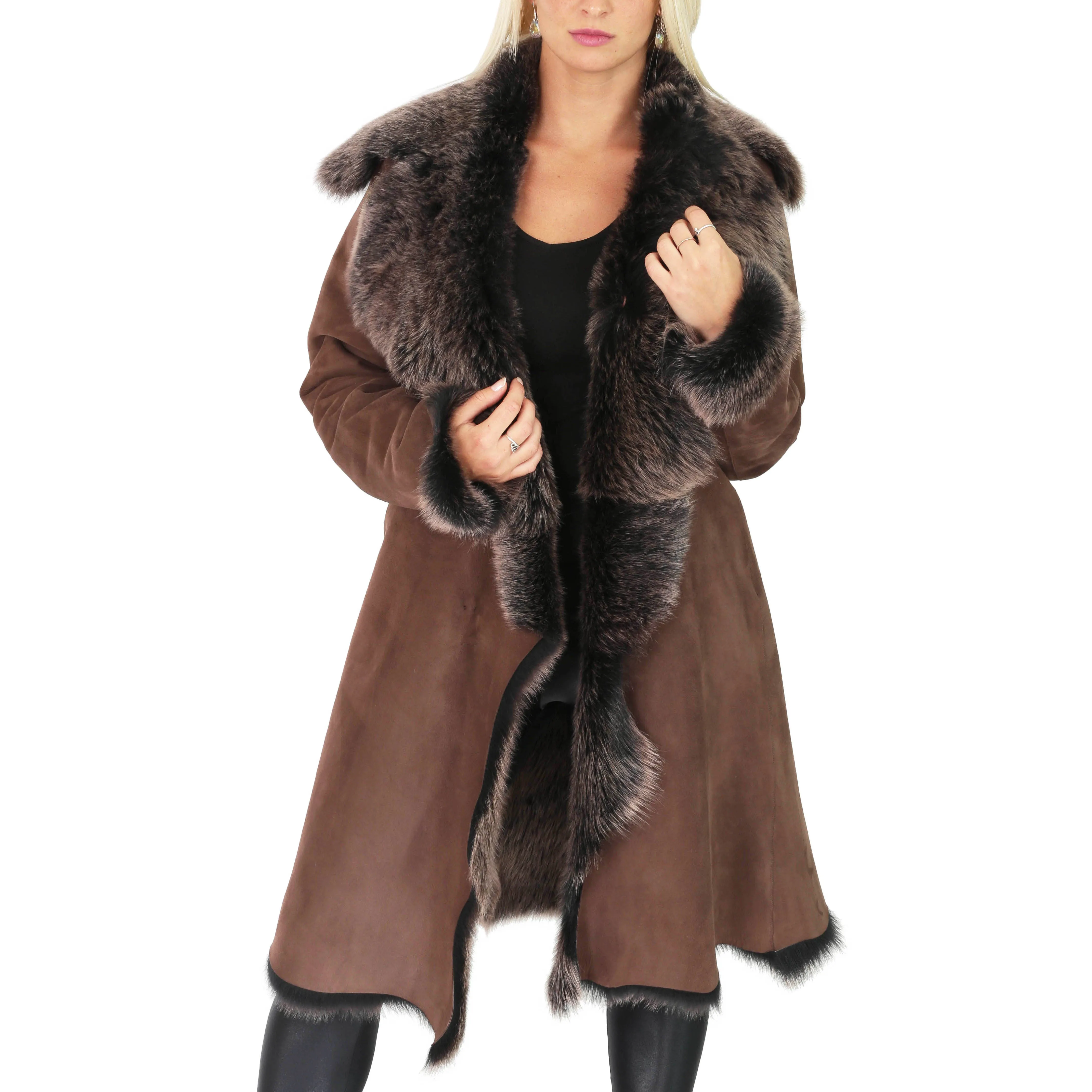 Womens 3/4 Length Toscana Shearling Luxury Coat Brown Gold