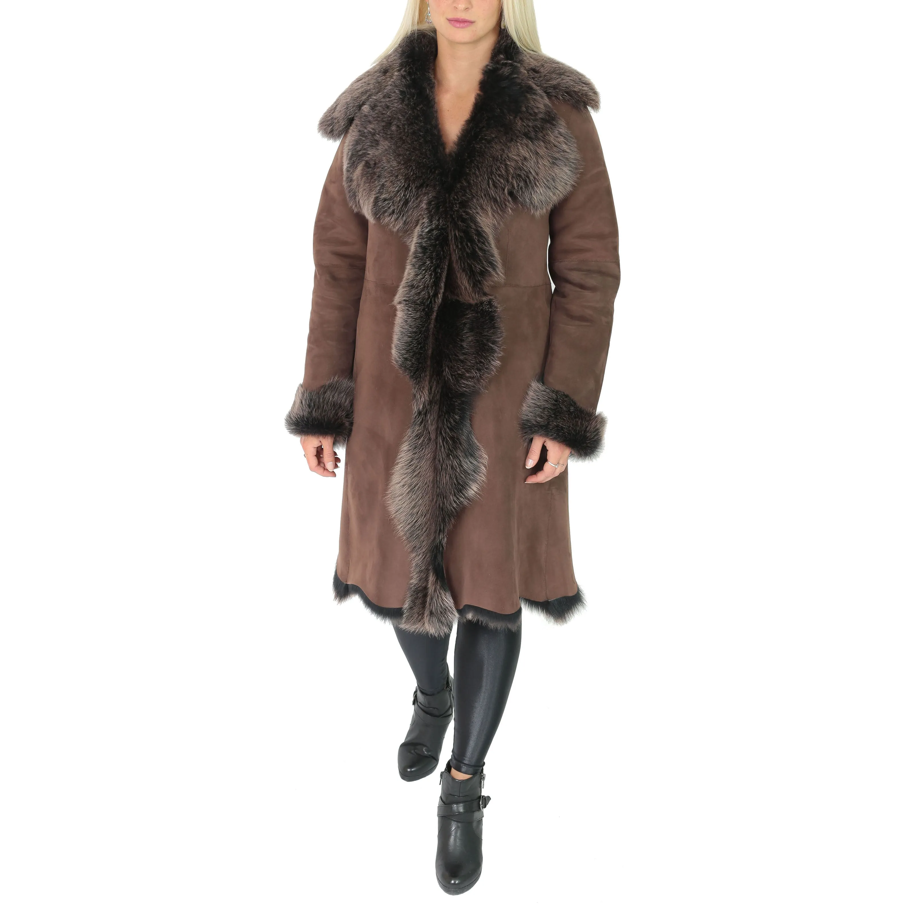 Womens 3/4 Length Toscana Shearling Luxury Coat Brown Gold