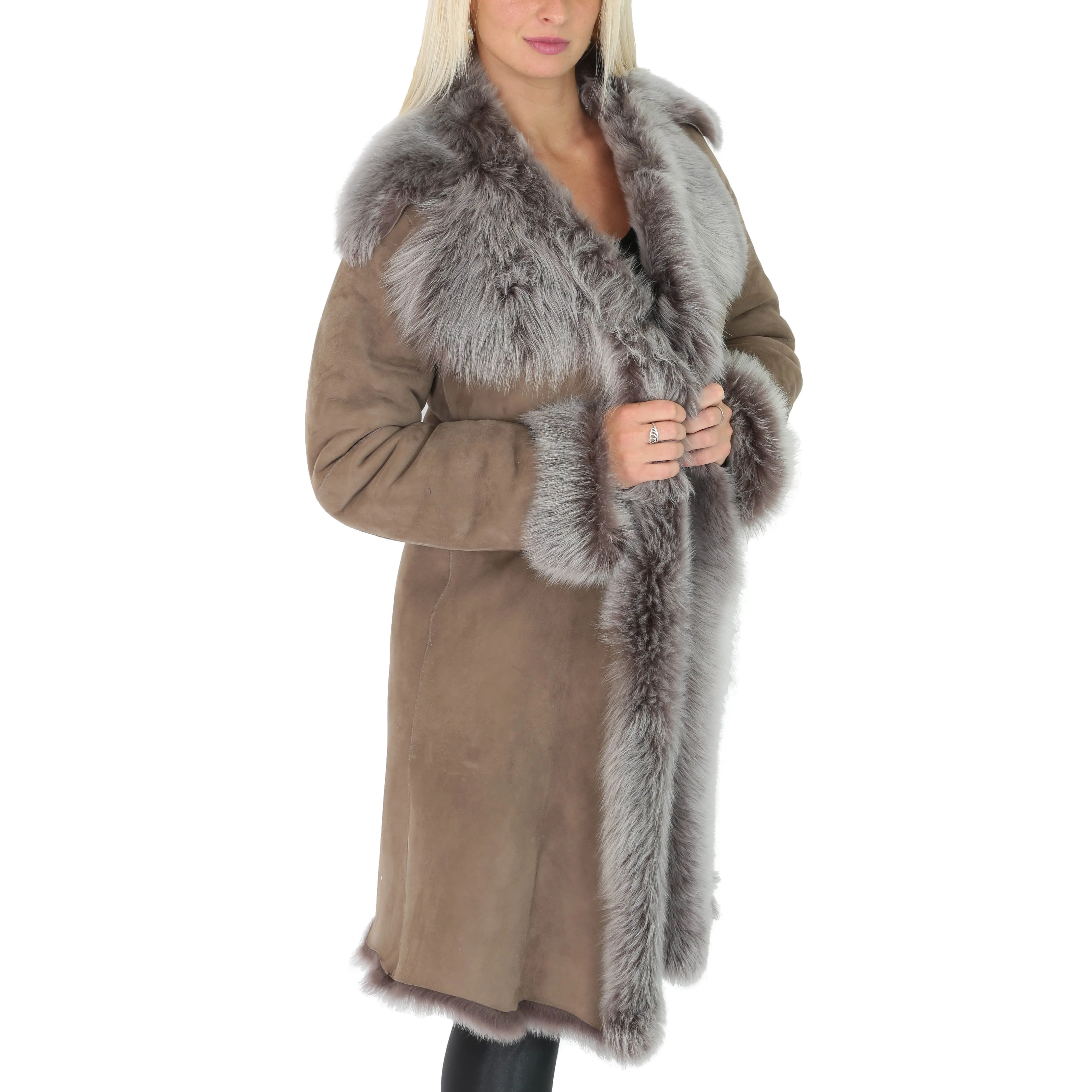 Womens 3/4 Length Toscana Shearling Luxury Coat Taupe Brissa