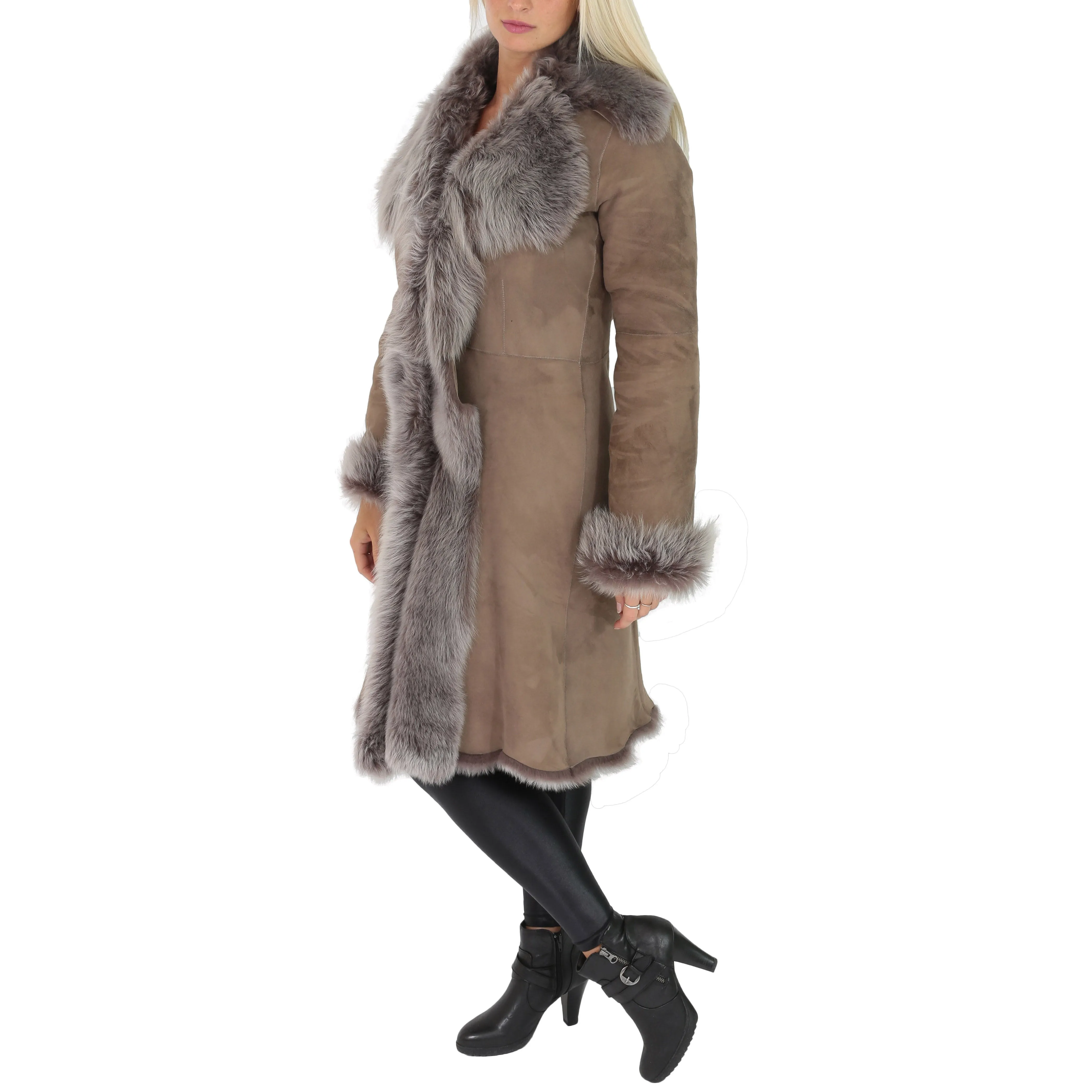 Womens 3/4 Length Toscana Shearling Luxury Coat Taupe Brissa