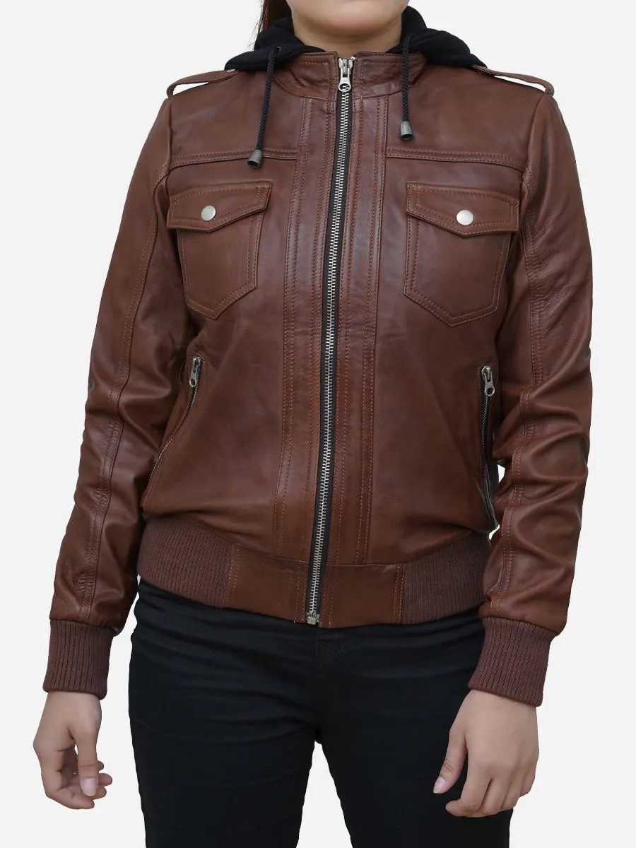 Women's Cogniac Brown Leather Hooded Bomber Jacket