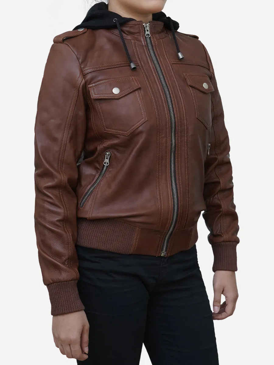 Women's Cogniac Brown Leather Hooded Bomber Jacket