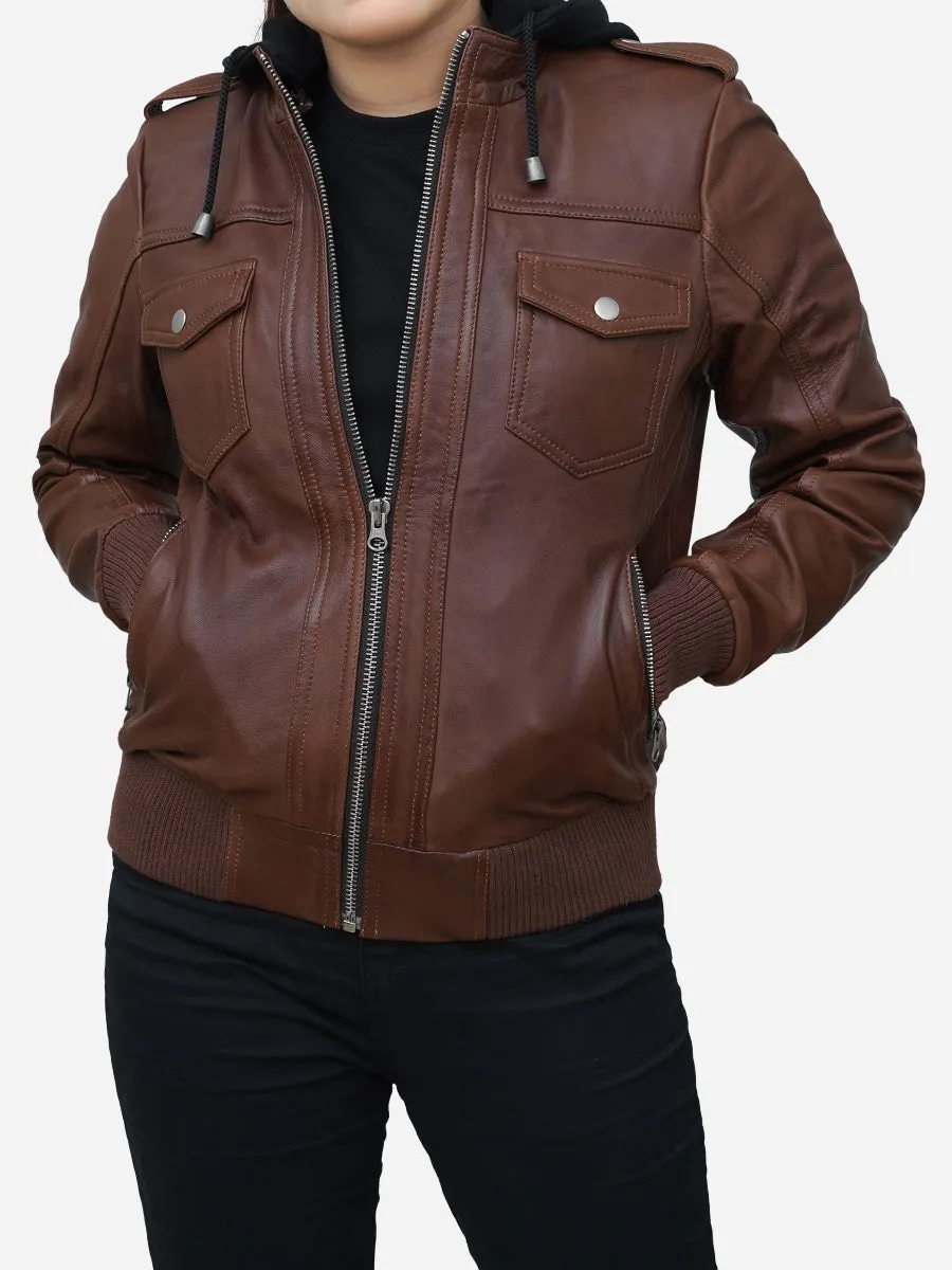 Women's Cogniac Brown Leather Hooded Bomber Jacket