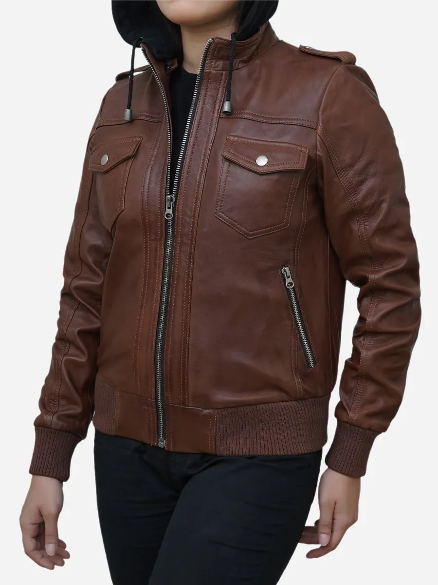 Women's Cogniac Brown Leather Hooded Bomber Jacket