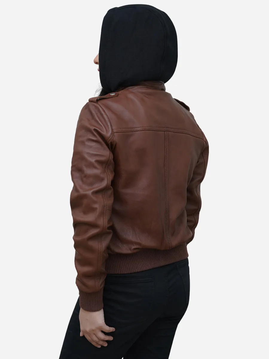 Women's Cogniac Brown Leather Hooded Bomber Jacket