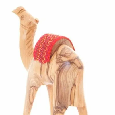 Wooden Camel w/ Red Saddle Nativity Figurine, 5.6 Hand Carving from Bethlehem