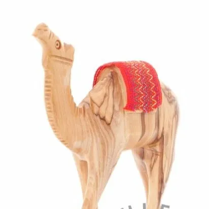 Wooden Camel w/ Red Saddle Nativity Figurine, 5.6 Hand Carving from Bethlehem