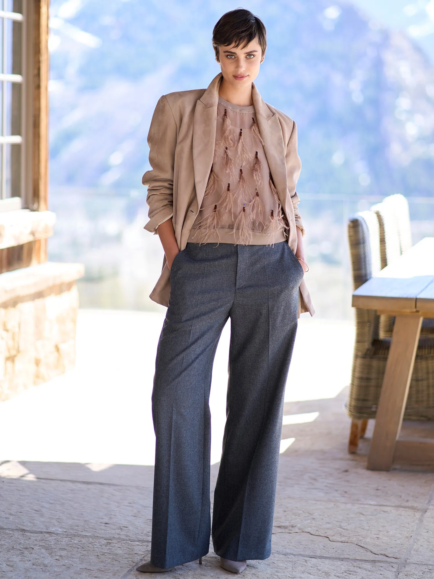 Wool Cashmere Flannel Wide Leg Pant